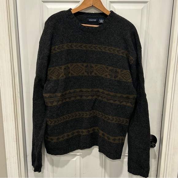 Vintage Structure Mens Gray/Tan Wool Crew Neck Fair Isle Nordic Sweater, Sz L - Picture 2 of 6